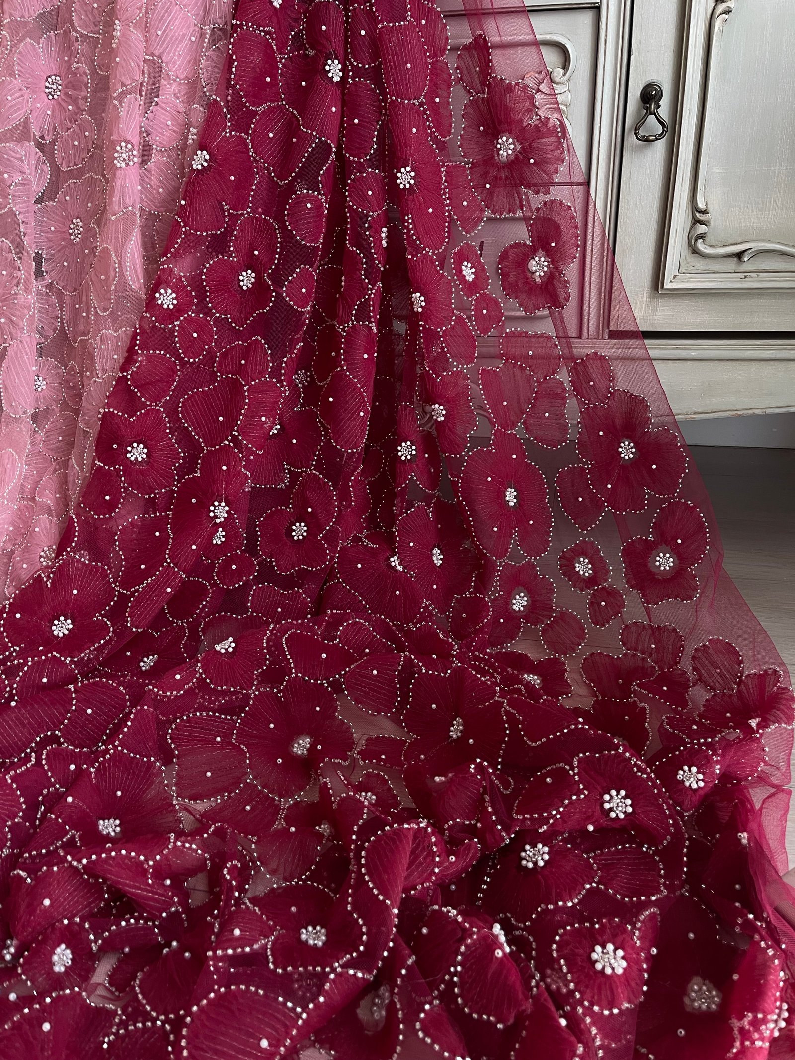 Shine bordo boncuklu ithal dantel